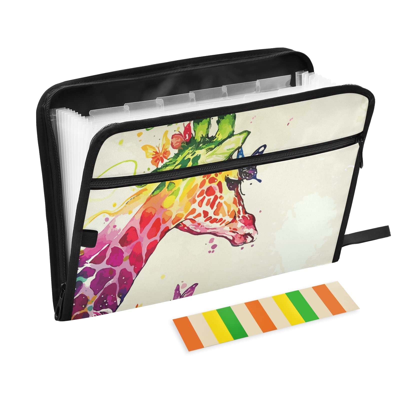 UMIRIKO 13-Pocket Expanding File Folder with Sticky Labels - Giraffe Butterfly Design, A4 Letter Size Accordion Document Organizer with Zipper Closure - Perfect for Office, School, and Home Organization