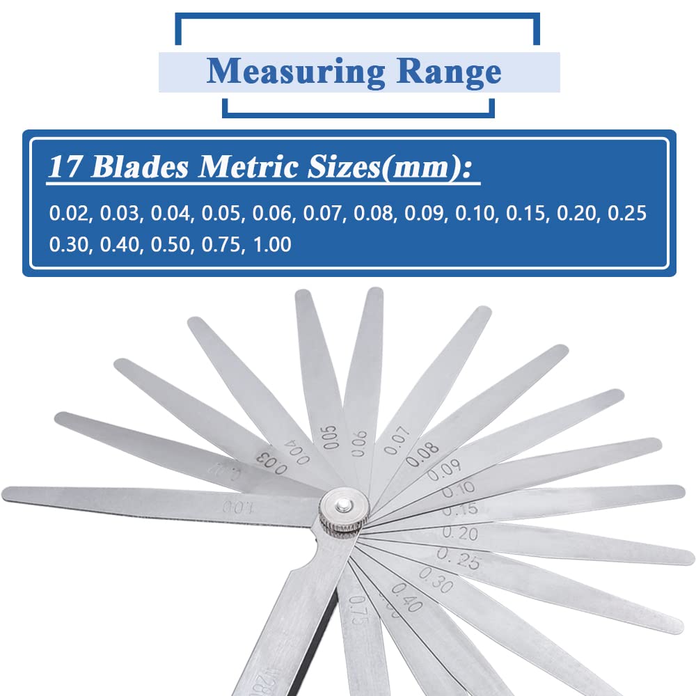 Mesee 17 Blades Metric Feeler Gauge Set - 0.02-1.00mm Stainless Steel Gap Measuring Tool for Automotive, Engine, Machinery & DIY Projects - Precision Thickness & Width Measurement Gauge