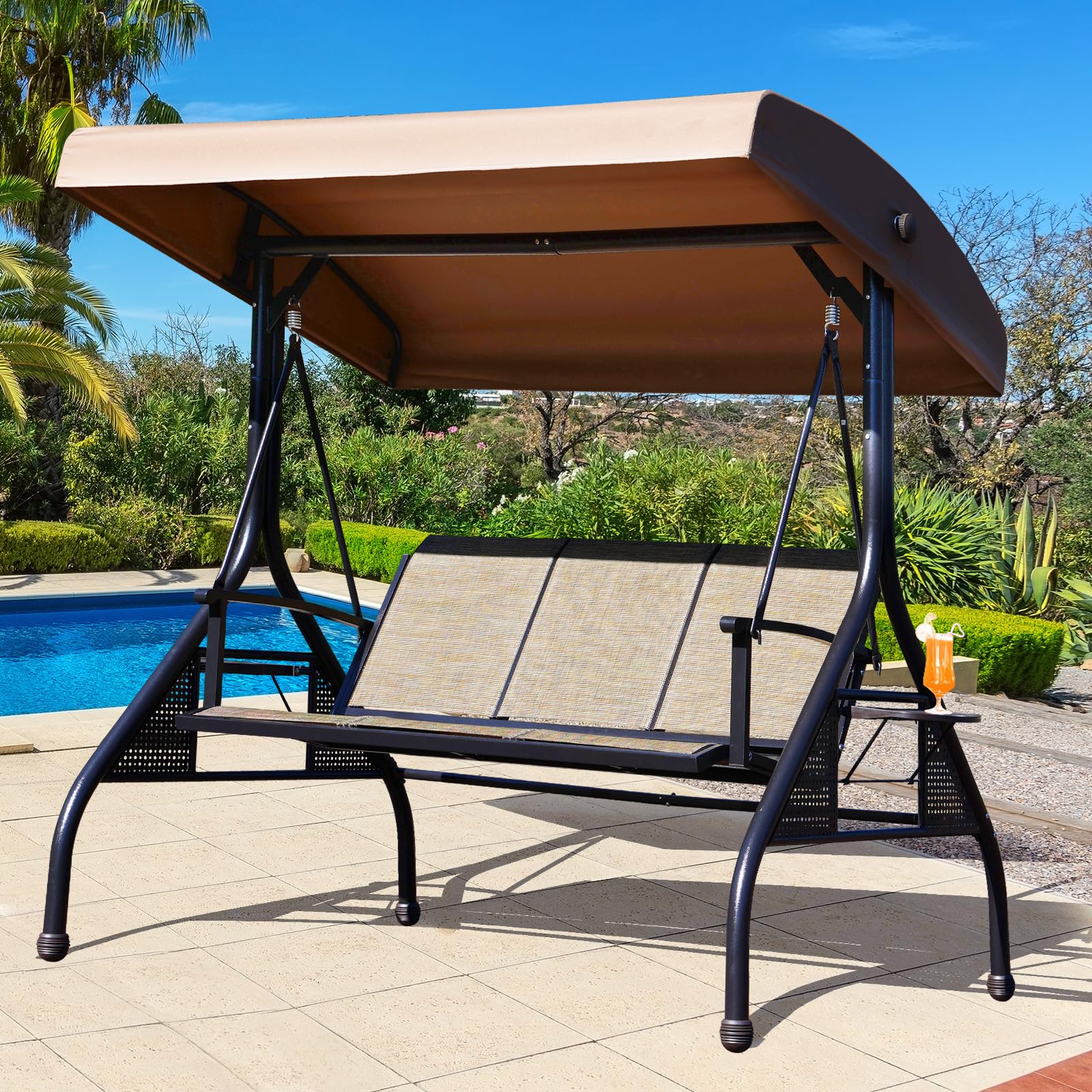 NOBLEMOOD 3-Seater Outdoor Patio Swing with Adjustable Canopy & Stand - Waterproof Textilene Hanging Chair with Cup Holders for Backyard, Garden, Porch - Perfect for Relaxing, Lounging & Outdoor Entertaining