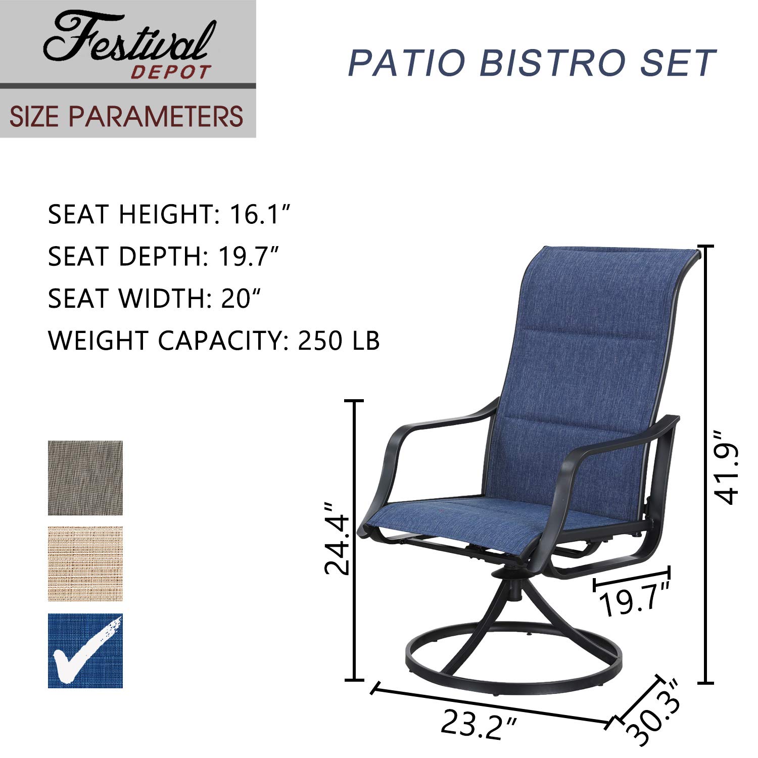 2-Piece Patio Dining Set - Swivel Chairs with Textilene Fabric & Metal Frame - Outdoor Furniture for Bistro, Deck, Poolside (Blue) - Perfect for Backyard Relaxation & Entertaining