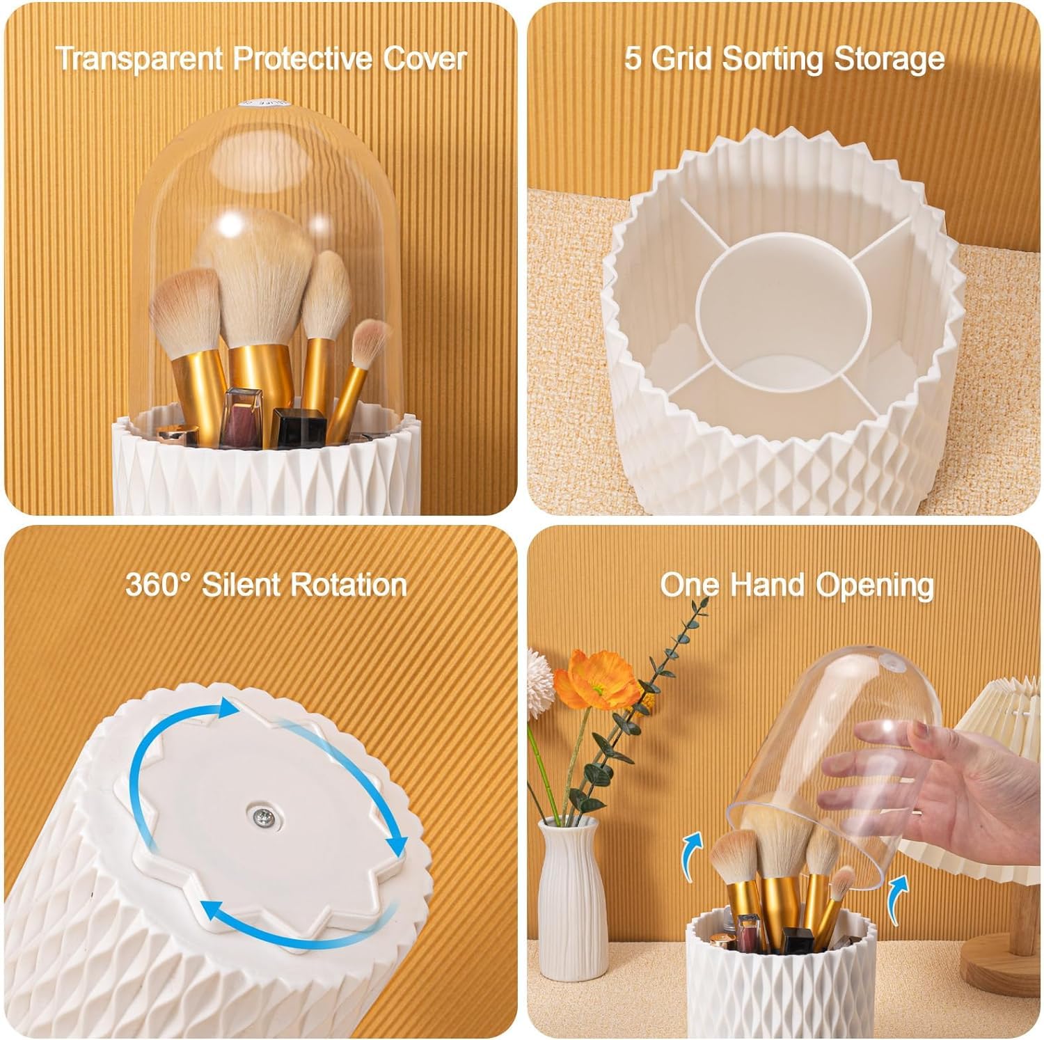 INOVERA 5 Slot Makeup Brush Holder | 360° Rotating Cosmetic Organizer with Dustproof Lid | Brush Storage Case for Women & Girls | Perfect for Vanity, Travel & Salon Use (White)