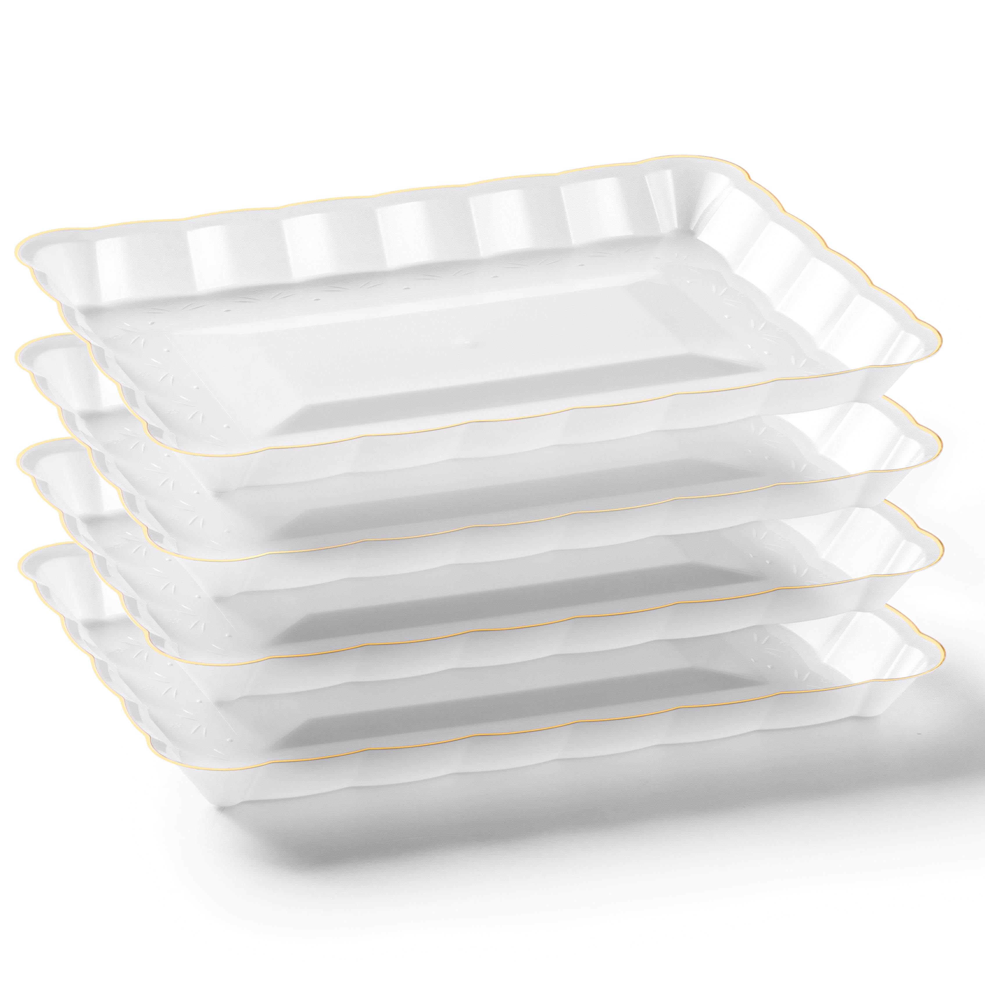 Scalloped White and Gold Rectangular Serving Tray Set of 4 - Elegant Party Platter for Weddings, Bridal Showers & Home Decor