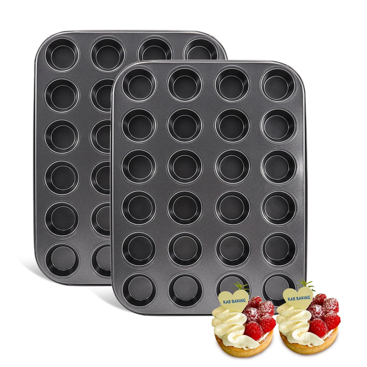 2 Pack Premium Non-Stick Mini Muffin Pan - 24 Cup Baking Tray, Oven & Dishwasher Safe Steel Bakeware (Black) - Perfect for Cupcakes, Muffins & Party Desserts