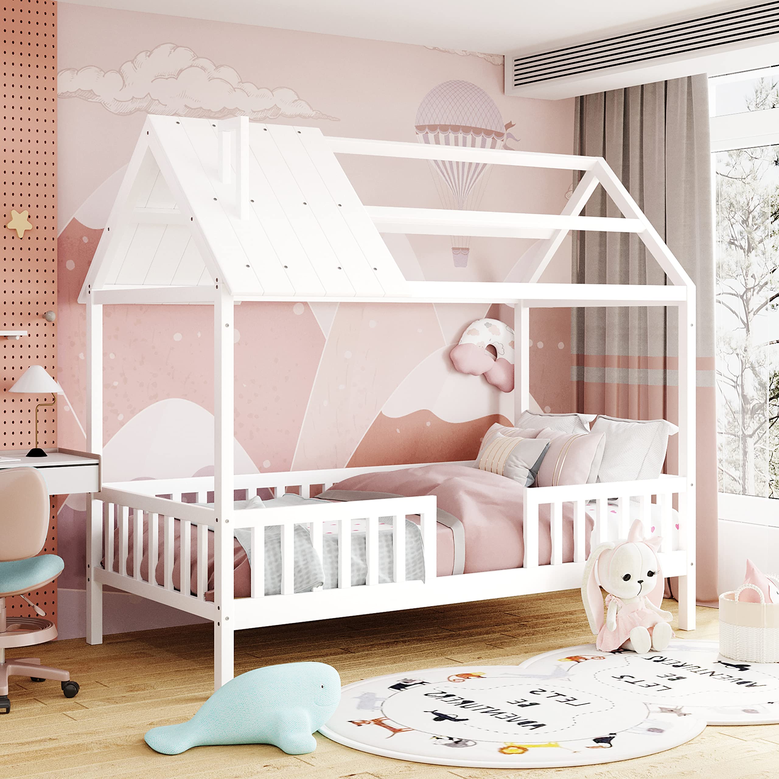 P PURLOVE Twin Size Wooden House Bed Frame for Kids - No Box Spring Needed, Sturdy Platform Bed with Safety Fence - Perfect for Bedroom, Nursery, or Playroom Decor