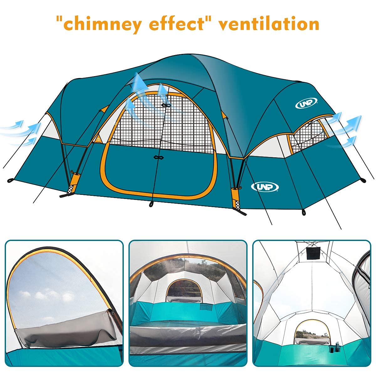 UNP 10-Person Family Camping Tent - Large Easy Setup 2-Room Shelter with 5 Mesh Windows, Waterproof & Weather Resistant (18'x9'x78