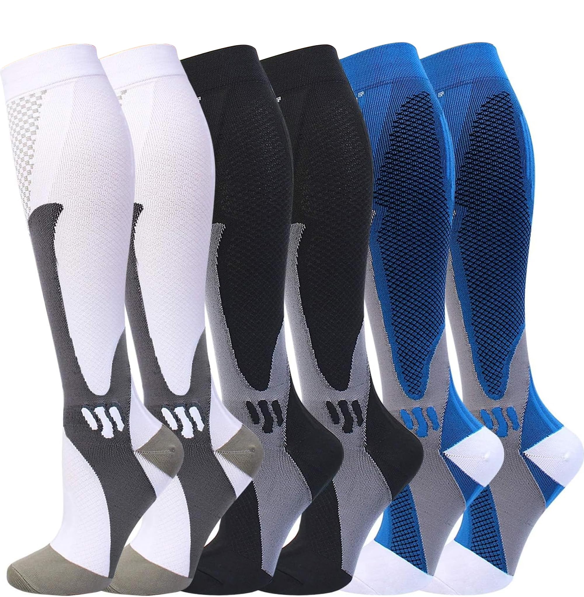 20-30mmHg Compression Socks for Men & Women - 6 Pairs Knee High Support Socks for Running, Travel & Circulation - Doctor Recommended for Varicose Veins & Swelling Relief