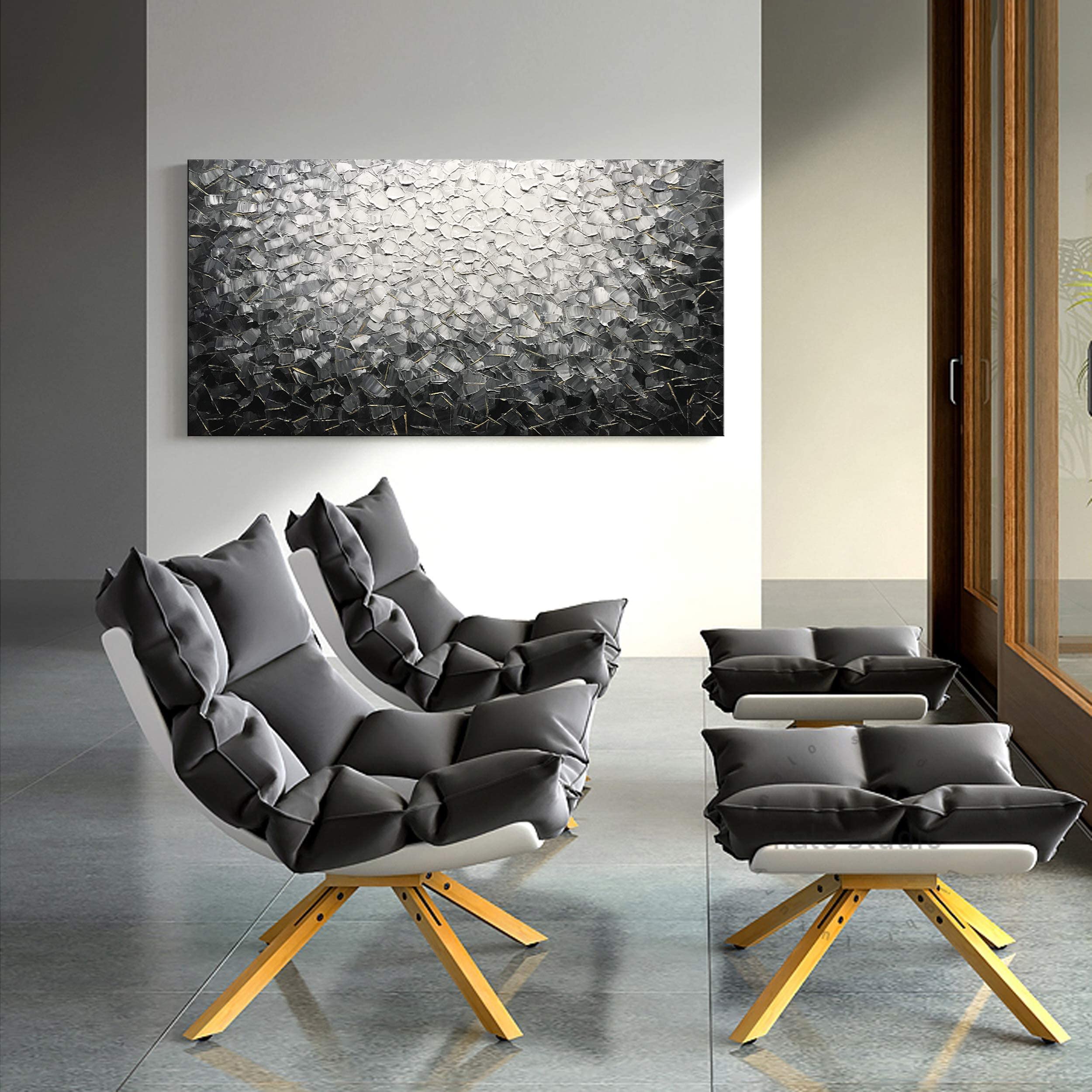 Modern Abstract Wall Art Canvas - 100% Hand-Painted Black & White Oil Painting - Large 24x48 Inch Wall Mural for Living Room Decor - Perfect for Home, Office & Modern Interior Design