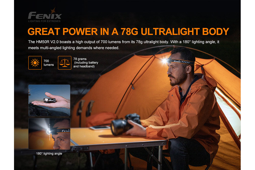 Fenix HM50R V2.0 Rechargeable LED Headlamp - 700 Lumens Bright Light, IP68 Waterproof, Lightweight Headlight for Camping, Hiking, Running & Outdoor Adventures
