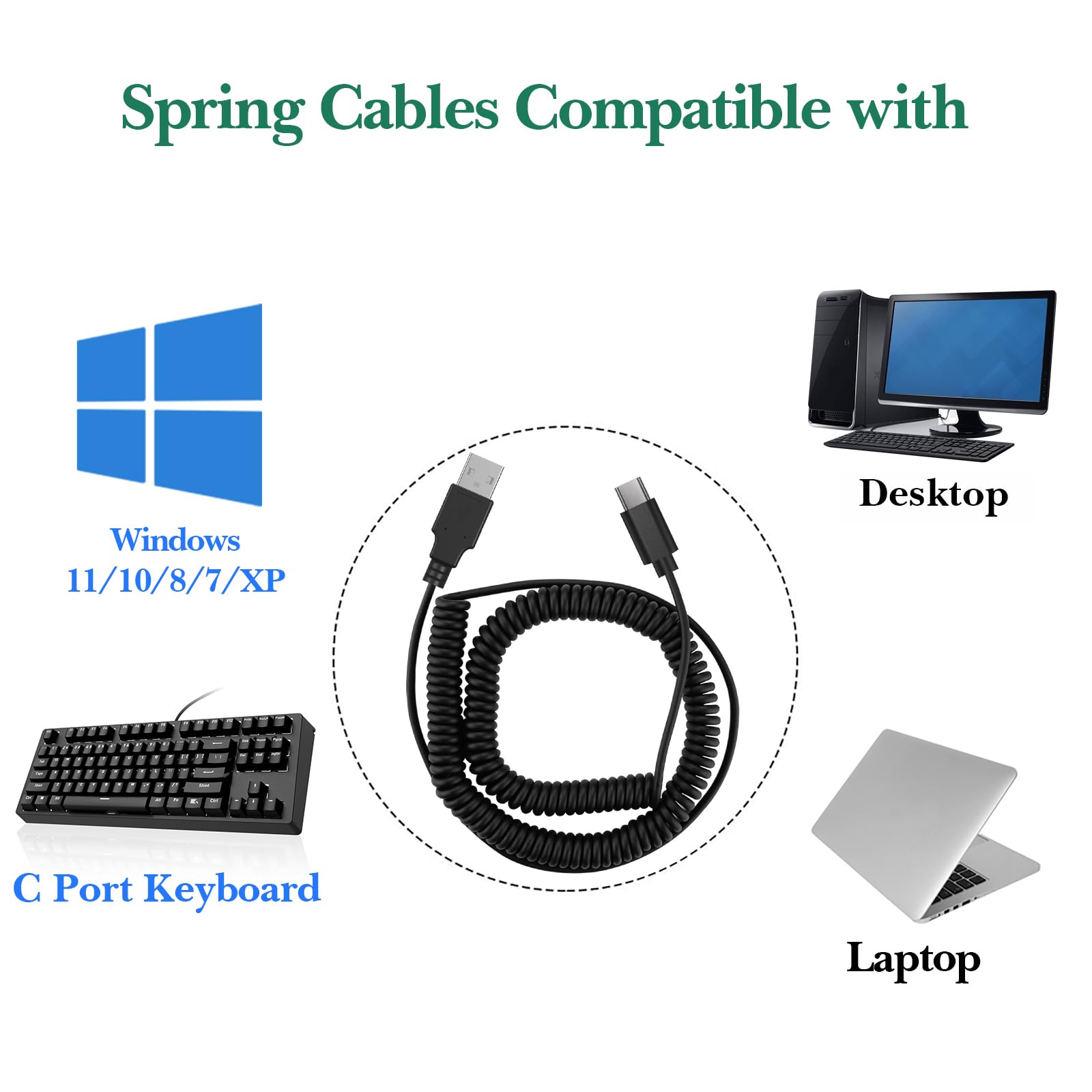 Linkidea Custom Coiled USB-C to USB-A Replacement Cable (9.1ft, Black) - Compatible with Razer Huntsman Mini, Pro 60%, KEMOVE Shadow 60%, Keychron K6/K6 Pro/K7 - Durable Coiling Spring Cable for Gaming Keyboards & Mechanical Keyboards - Perfect for Esports, Office & Home Setup