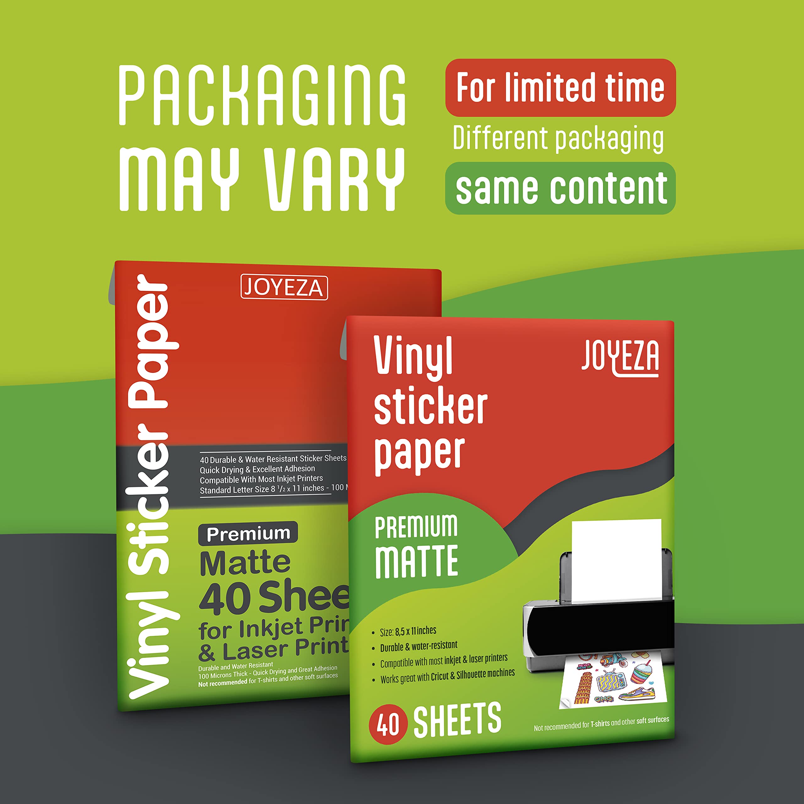 JOYEZA Premium Printable Vinyl Sticker Paper for Inkjet & Laser Printers - 40 Sheets Matte White Waterproof Sticker Paper, Quick-Drying with Vivid Colors & Excellent Ink Retention - Tear-Resistant for DIY Crafts, Labels, Decals & Scrapbooking