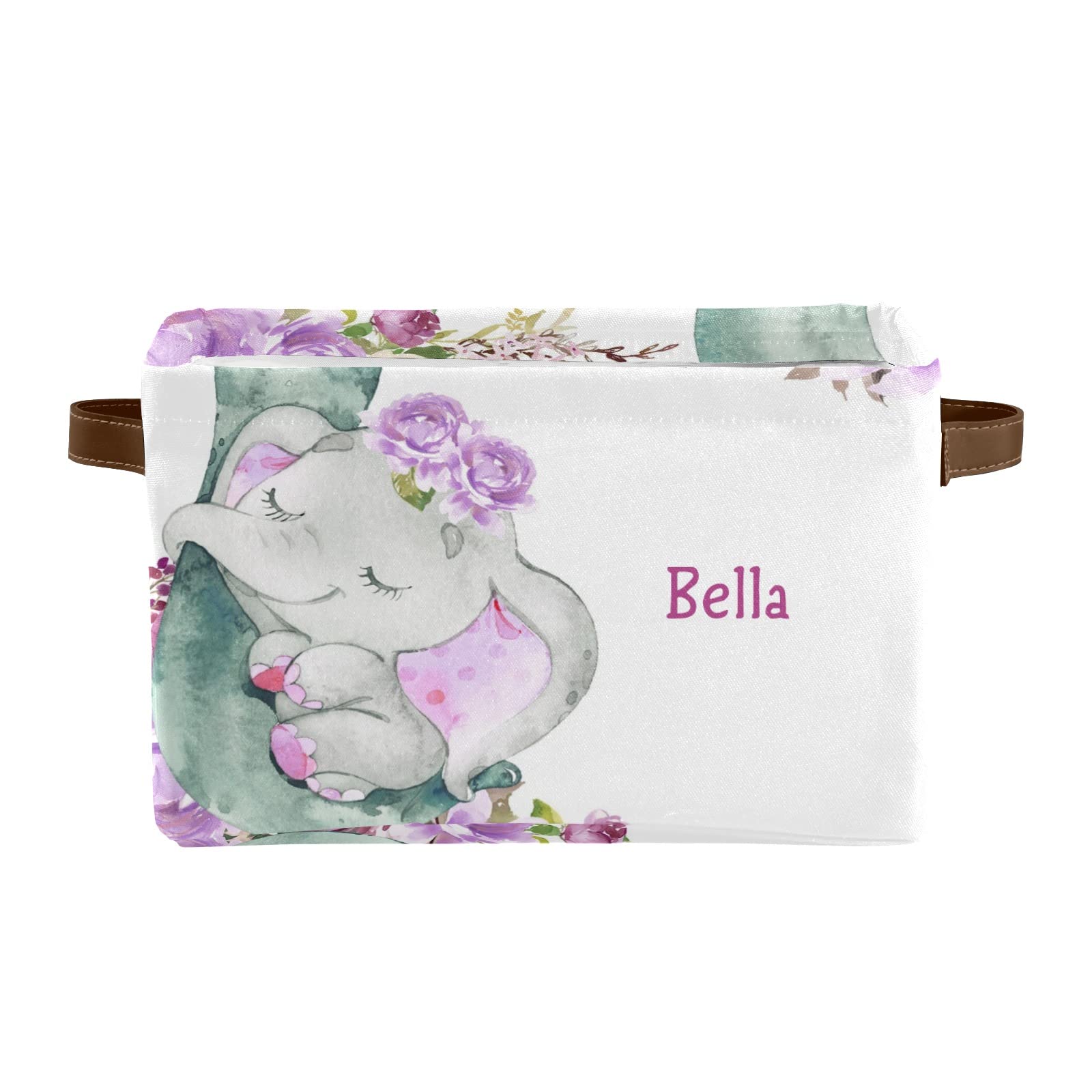 Personalized Watercolor Floral Elephant Storage Baskets with Custom Name - Set of 4 Rectangular Home & Kitchen Organizer Bins for Nursery, Bathroom, Office, or Playroom Storage