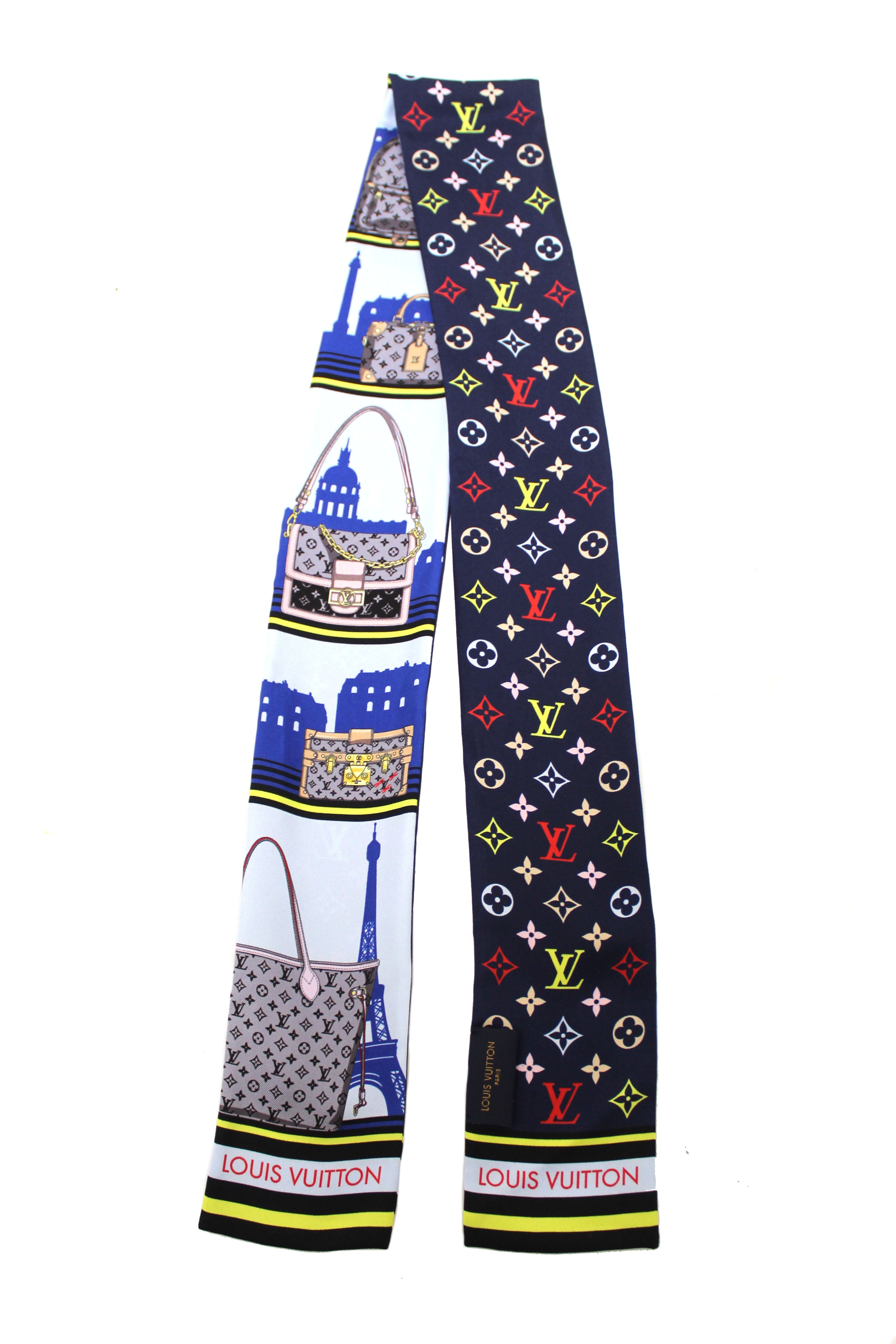 Authentic Louis Vuitton Blue Silk Monogram Skyline Bandeau Scarf - Luxury Fashion Accessory for Women, Perfect for Travel, Parties & Gifts