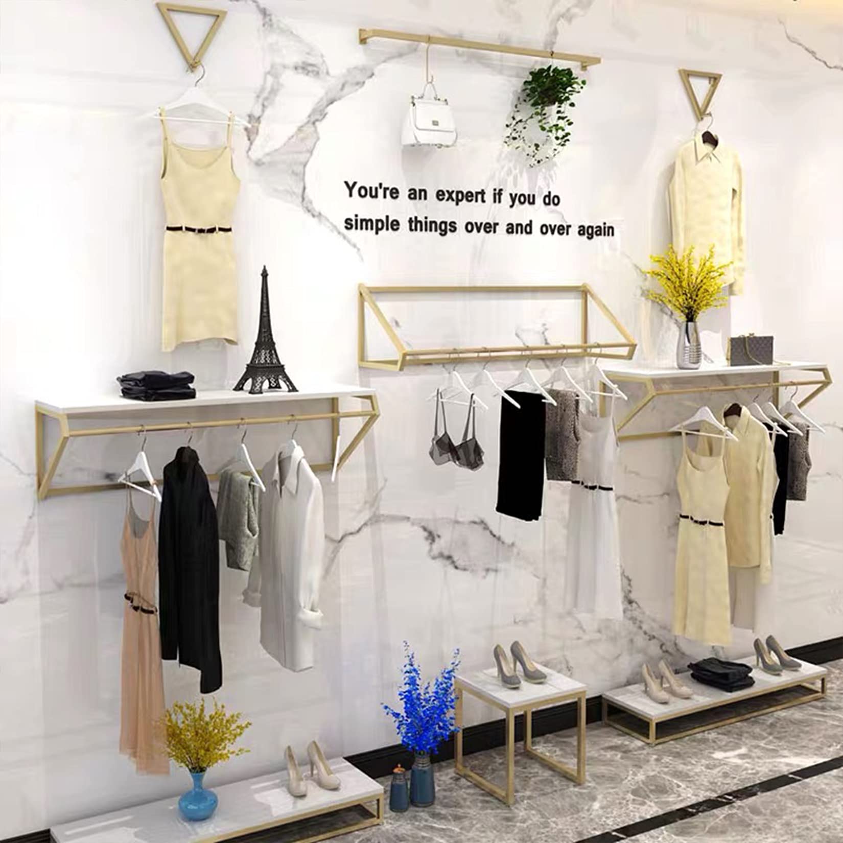 Modern Heavy Duty Metal Wall-Mounted Garment Rack with Wood - Gold Square Tube Clothes Rail for Men's & Women's Clothing Store Display or Bathroom Hanging Towel Organizer (Model B-39 L)