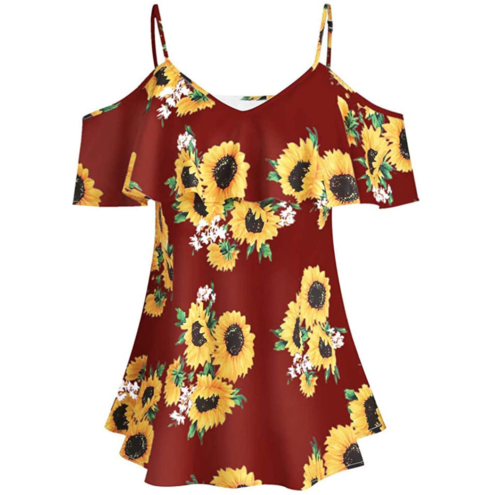 Women's Summer Tops 2023 - Fashion Sunflower Printed Camisole Short Sleeve Blouse with Ruffles & Cold Shoulder Design | Casual Wear, Beach Outfit, Vacation Style