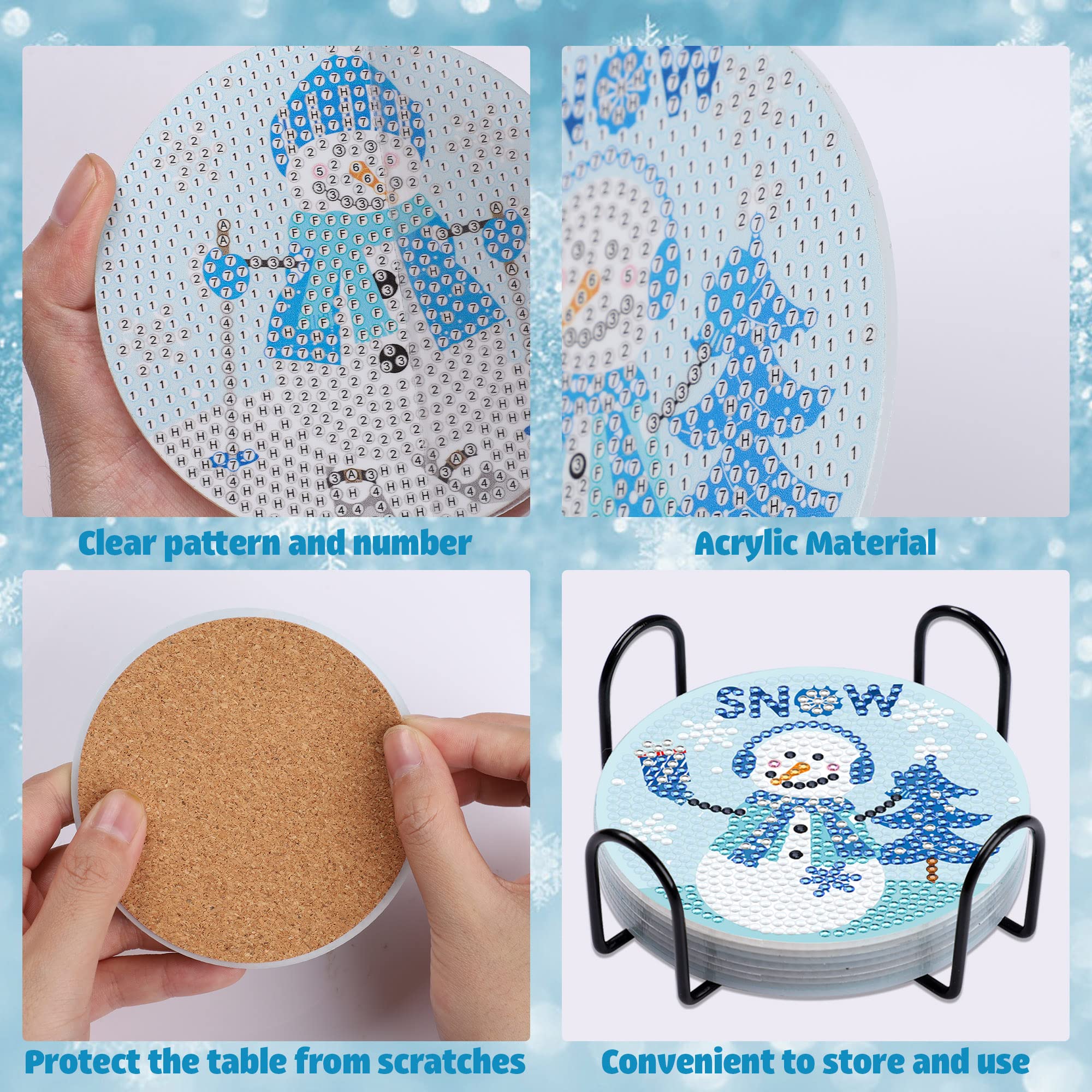 8 PCS Snowman Diamond Painting Coasters - 5D Diamond Art Winter Coasters with Cork Base & Holder - Christmas Party Decor, DIY Craft for Beginners & Adults - Perfect for Holiday Gifts, Home Decor & Table Setting