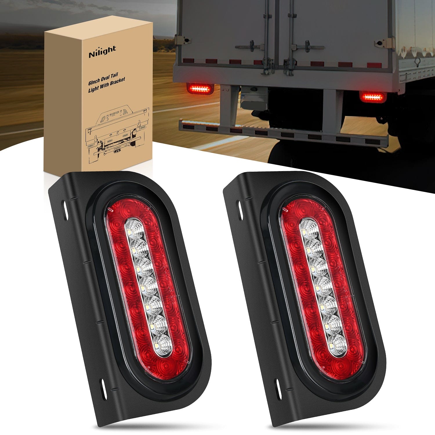 6 Inch Red White Oval LED Tail Lights with Mounting Bracket - Pair for Trucks, SUVs, Jeeps - Waterproof & Durable for Off-Road & Night Driving