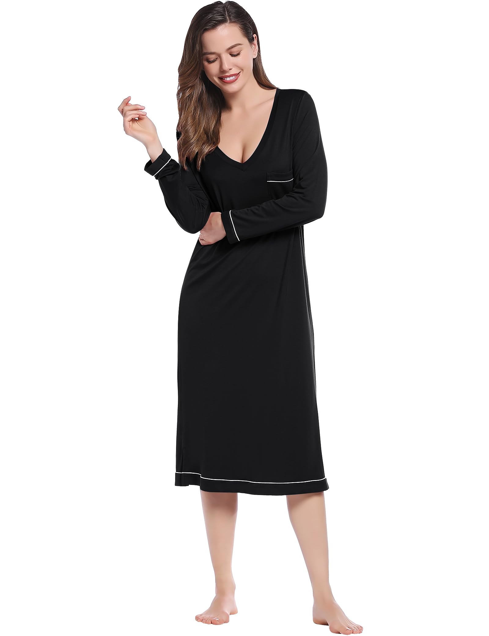 Joyaria Women's Soft Bamboo Viscose Long Sleeve Nightgown - V-Neck Moisture Wicking Sleep Shirt - Comfortable Sleepwear for Women Sizes S-XXL - Perfect for Relaxing at Home, Lounging & Overnight Stays