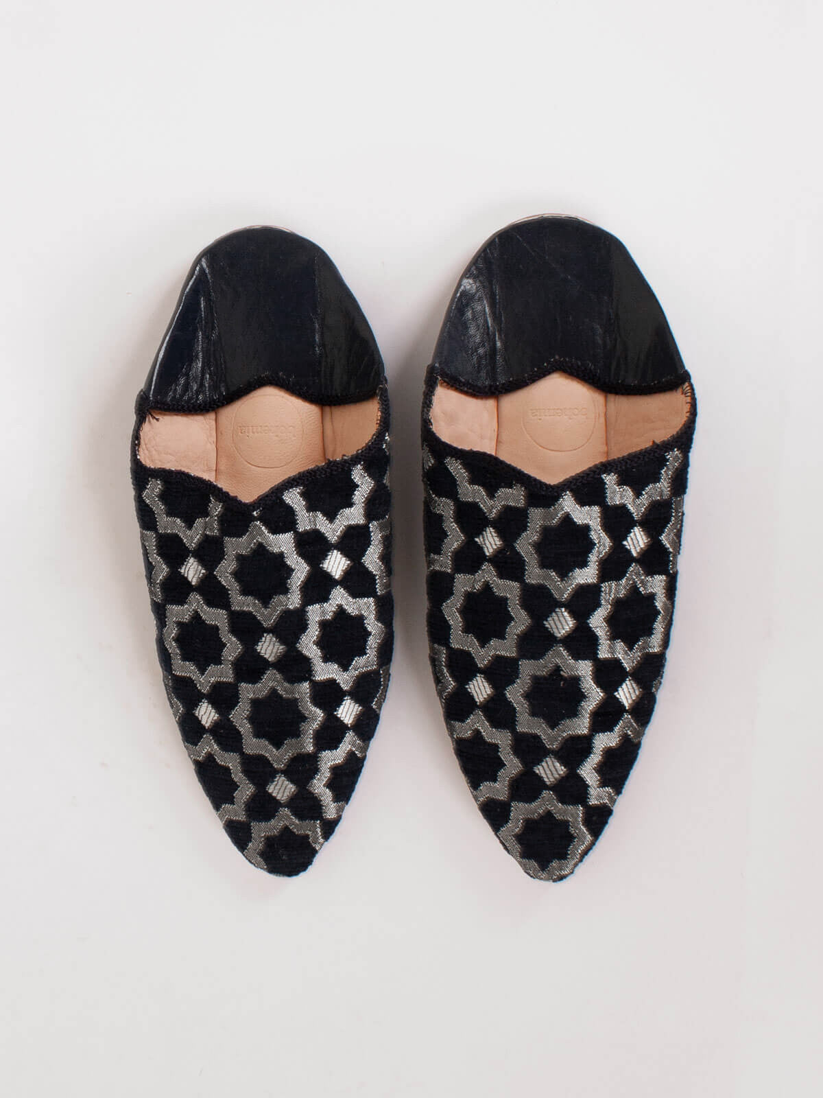 Moroccan Star Brocade Pointed Babouche Slippers - Black | Handmade Leather House Shoes for Women & Men | Perfect for Home, Lounge & Cultural Events
