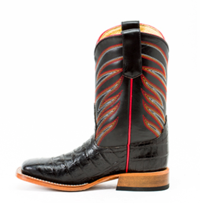 Anderson Bean Kids Black Caiman Print Square Toe Boots - Genuine Leather Western Boots for Boys & Girls - Comfortable Cowboy Boots for School, Rodeo & Outdoor Activities