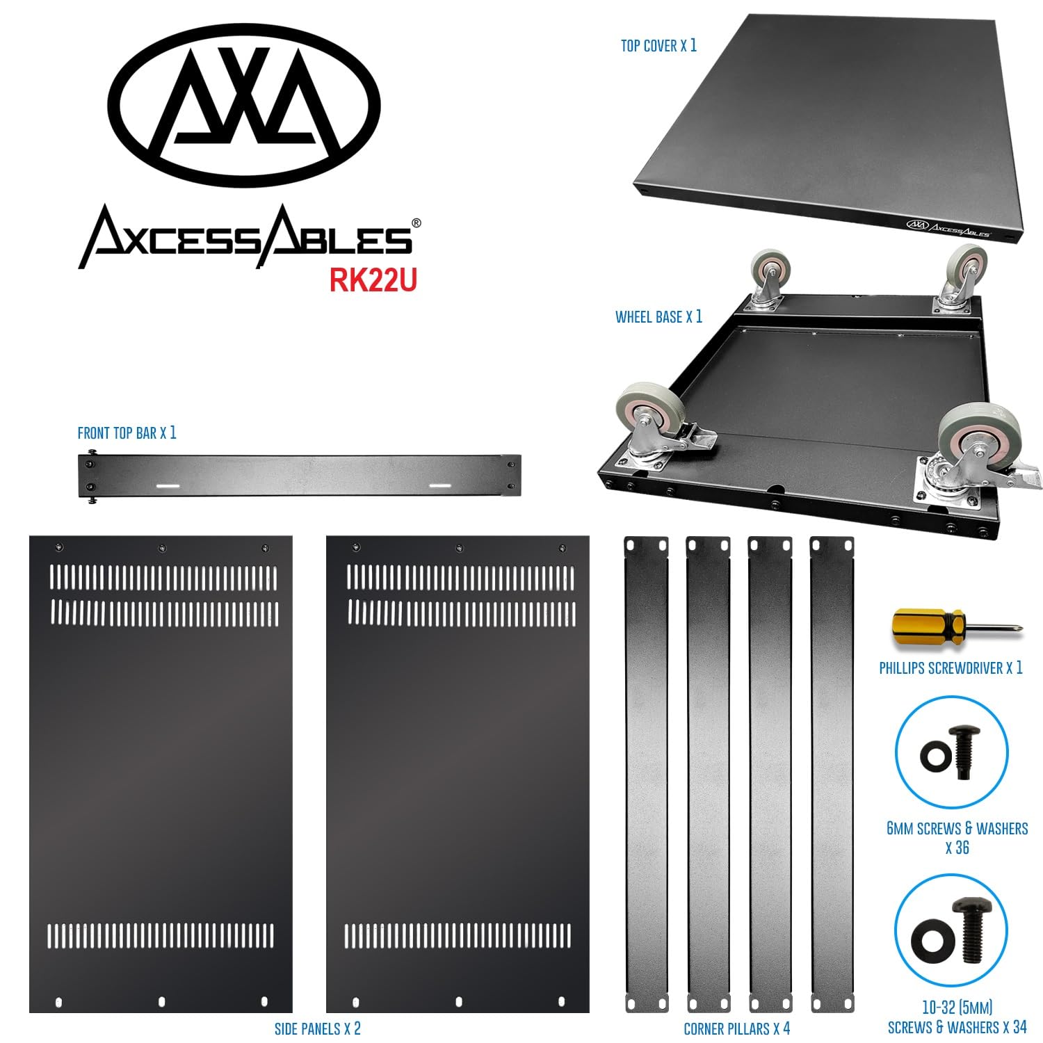 AxcessAbles RK 22U 22U Server Rack Cabinet with Casters - Compatible with US 5mm & EU 6mm Rack Standards - Heavy Duty Network Server Rack for Data Center, Home Theater, DJ Equipment, AV Gear & Computer Electronics
