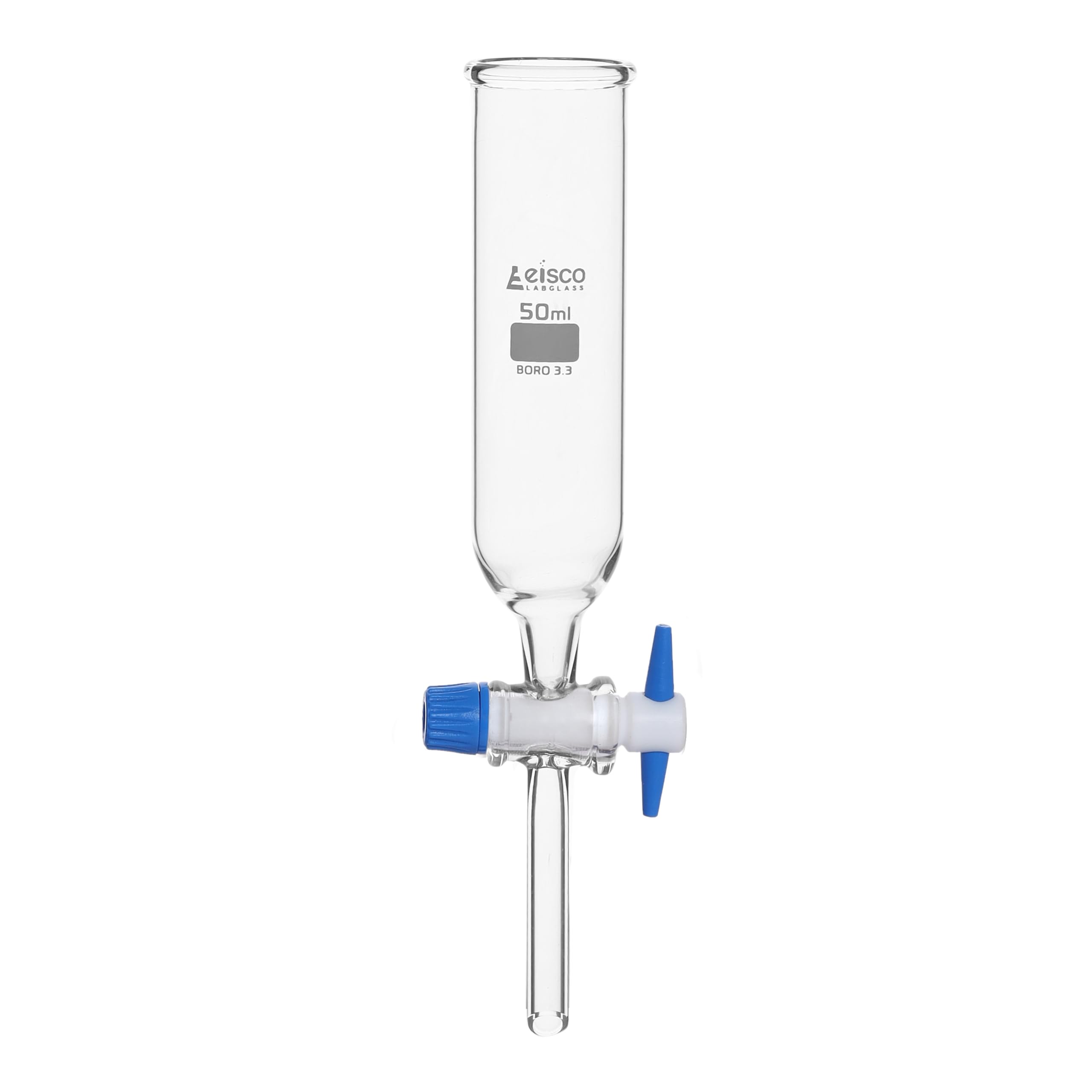 EISCO 50ml PTFE Stopcock Dropping Funnel - Borosilicate Glass Cylindrical Lab Funnel with Open Top for Precise Liquid Transfer - Perfect for Chemistry Experiments, Laboratory Use & Scientific Research