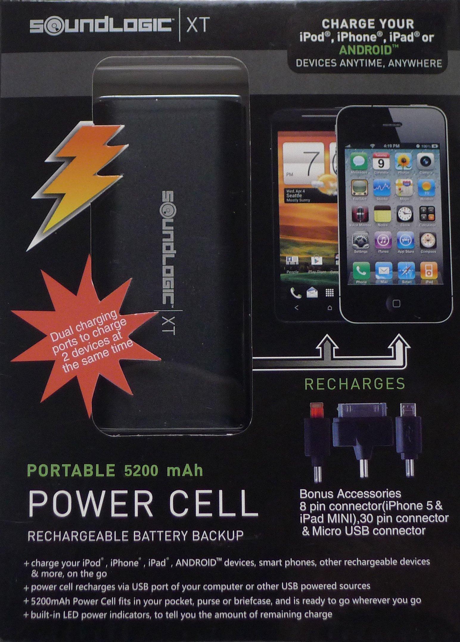 SoundLogic XT Portable 5200mAh Power Bank - Dual USB Charger for iPhone & Android (Black) | Fast Charging Battery Pack for Travel, Camping & Emergency Power Backup
