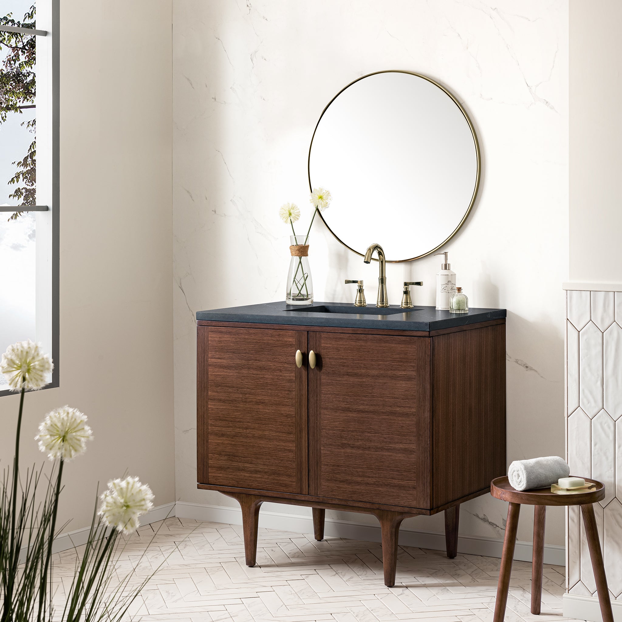 Amberly 36 Inch Single Bathroom Vanity - Mid Century Modern Walnut Wood with 3CM Charcoal Soapstone Countertop | Perfect for Small Bathrooms & Powder Rooms