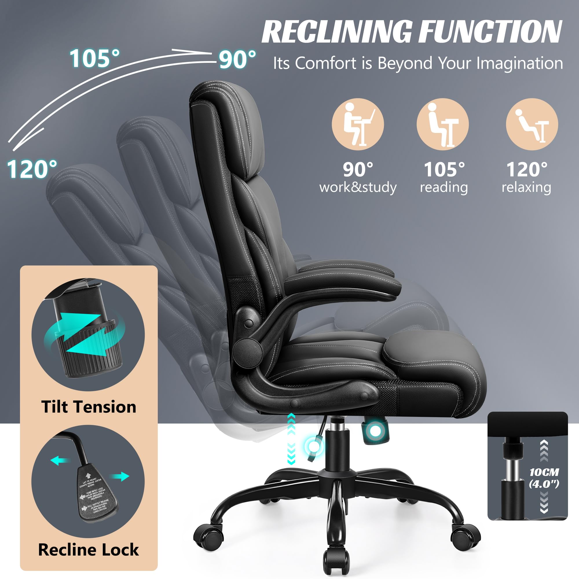 Ergonomic Big and Tall Office Chair - Adjustable High Back Executive Computer Desk Chair with Breathable Leather, Flip-Up Armrests & Lumbar Support - Swivel & Rocking PC Gaming Chair for Home Office, Workstation & Conference Room