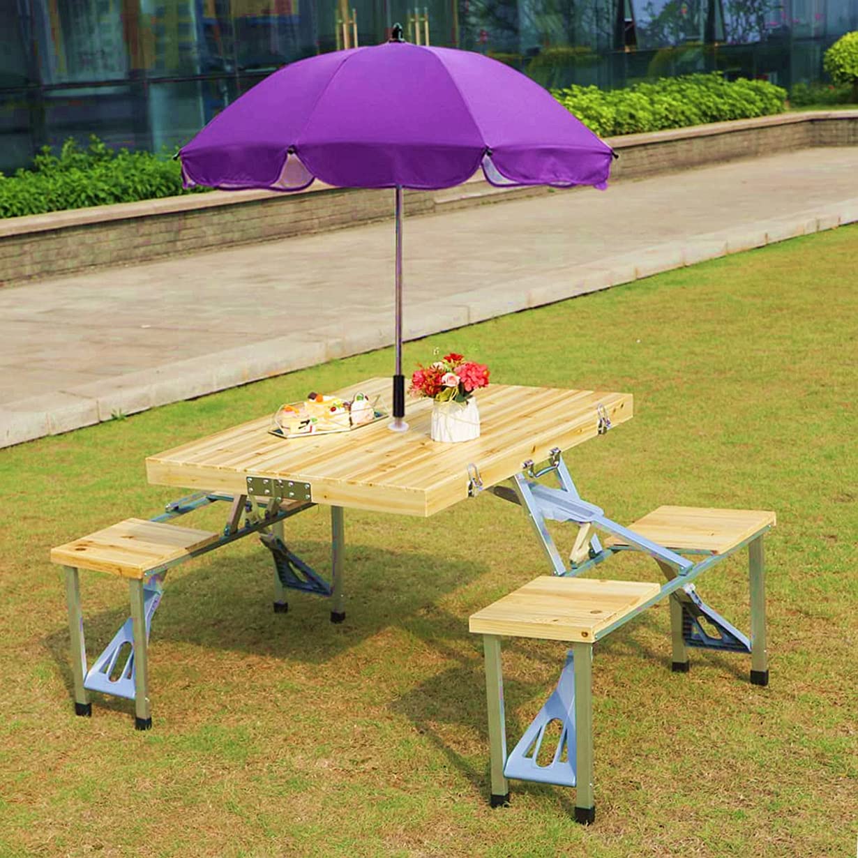 Portable Aluminum Folding Camping Picnic Table Bench Set with Umbrella Hole - 4 Seats & 1 Table for Indoor, Outdoor, Patio, Lawn, Garden - Perfect for Camping Trips, Backyard BBQs and Beach Outings