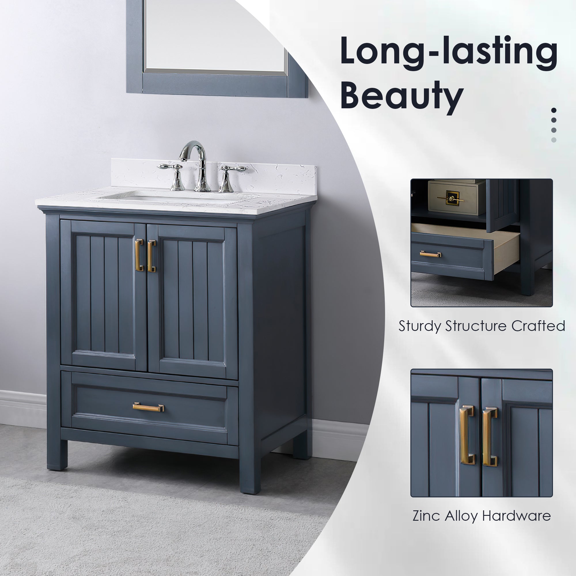Isla 30 Inch Single Bathroom Vanity Set with Aosta White Engineered Stone Countertop - Modern Sink Cabinet for Small Bathrooms, Powder Rooms & Guest Baths