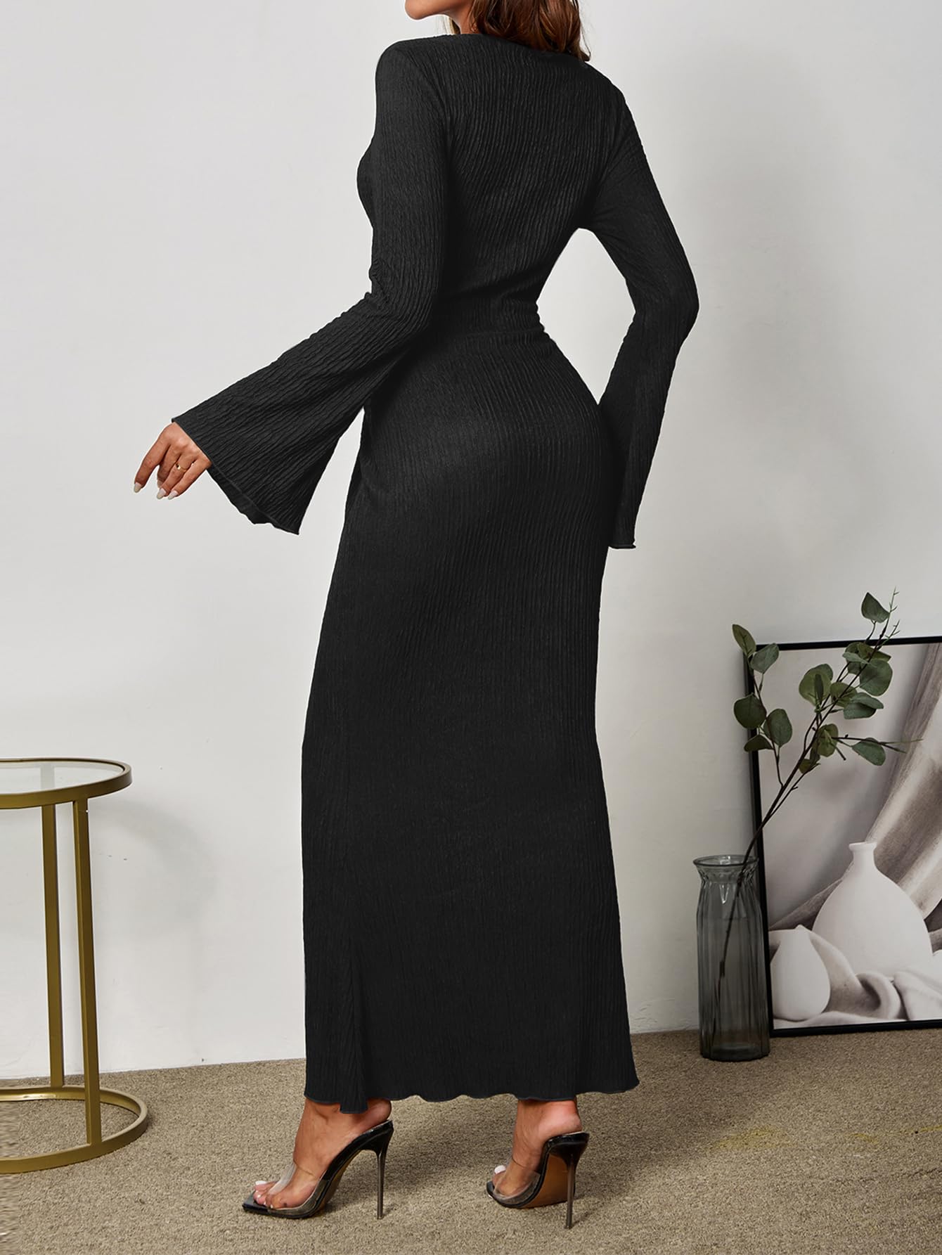 Elegant Women's Fall Long Sleeve Bodycon Maxi Dress - Crew Neck Formal Cocktail Wedding Guest Dress for Evening Parties & Special Occasions