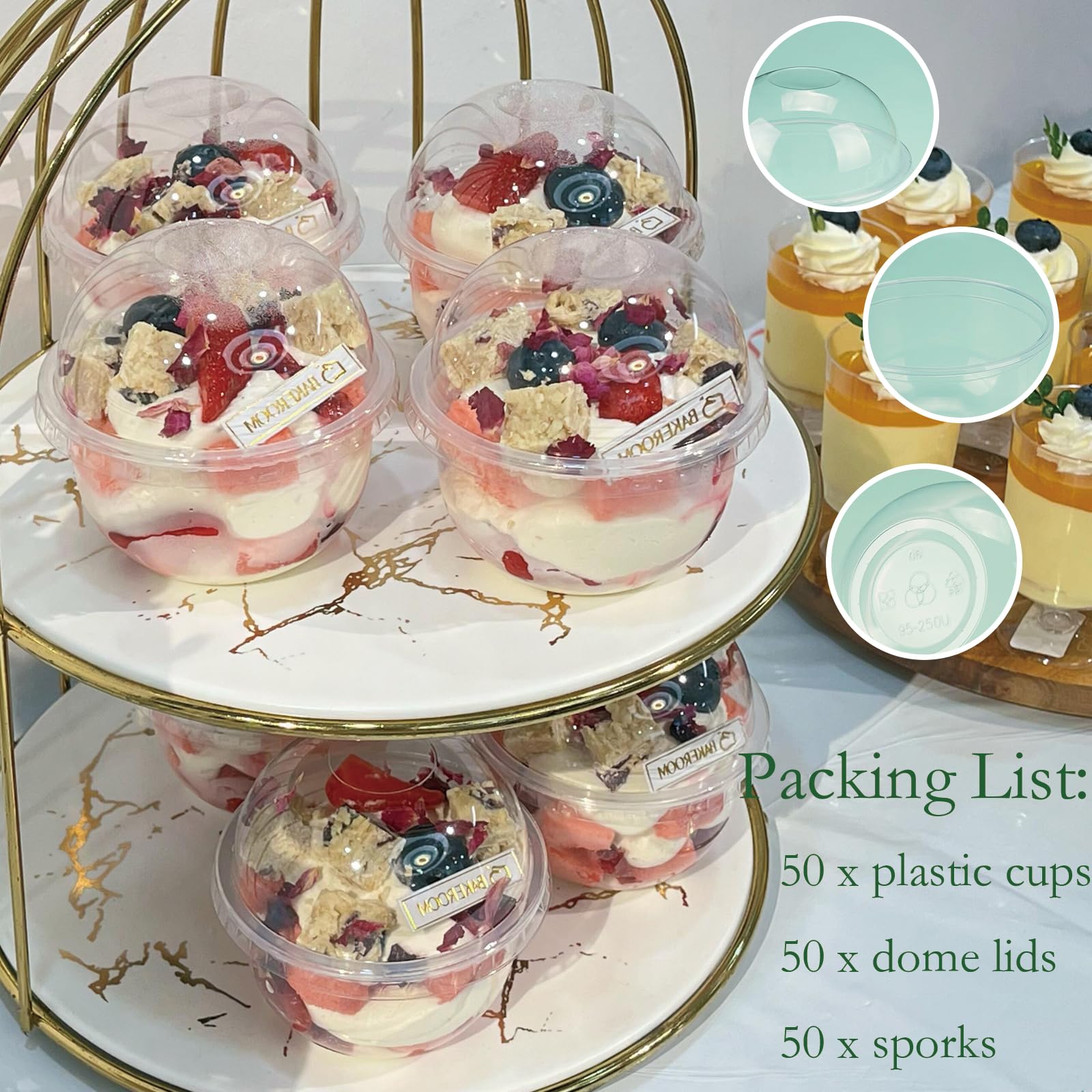 50 Pack 8 oz Clear Plastic Cups with Dome Lids & Spoons - Disposable Mini Dessert Cups for Ice Cream, Pudding, Yogurt, Parfait, Fruit - Perfect for Parties, Catering, and Home Use