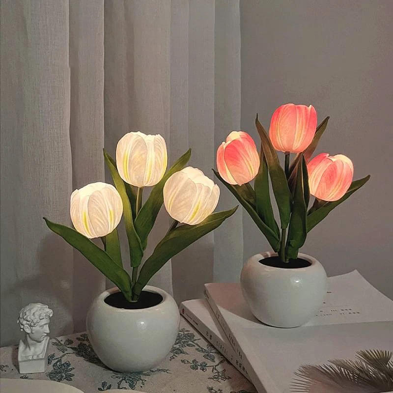 Mini Potted Tulip LED Night Light - Warm White USB-Powered Decorative Light for Bedroom, Nursery, Living Room - Perfect for Relaxation, Gift & Home Decor