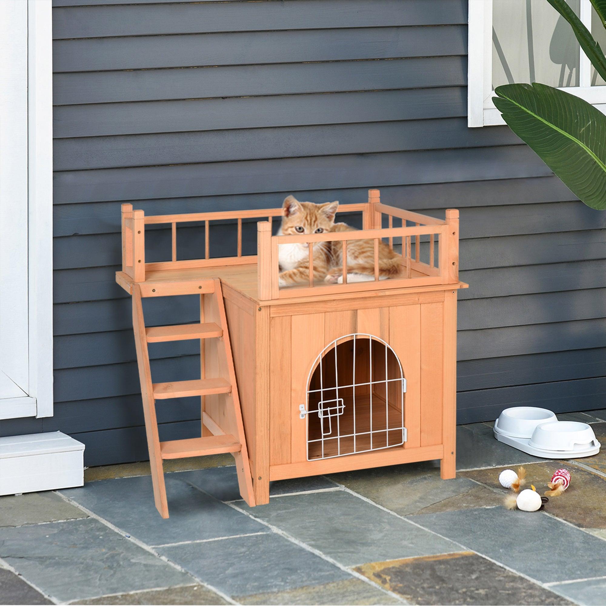 2 Level Wooden Cat House with Lockable Wire Door & Balcony - Outdoor Cat Condo & Dog Shelter - Natural Wood Pet House for Indoor/Outdoor Use - Perfect for Backyard, Patio or Garden