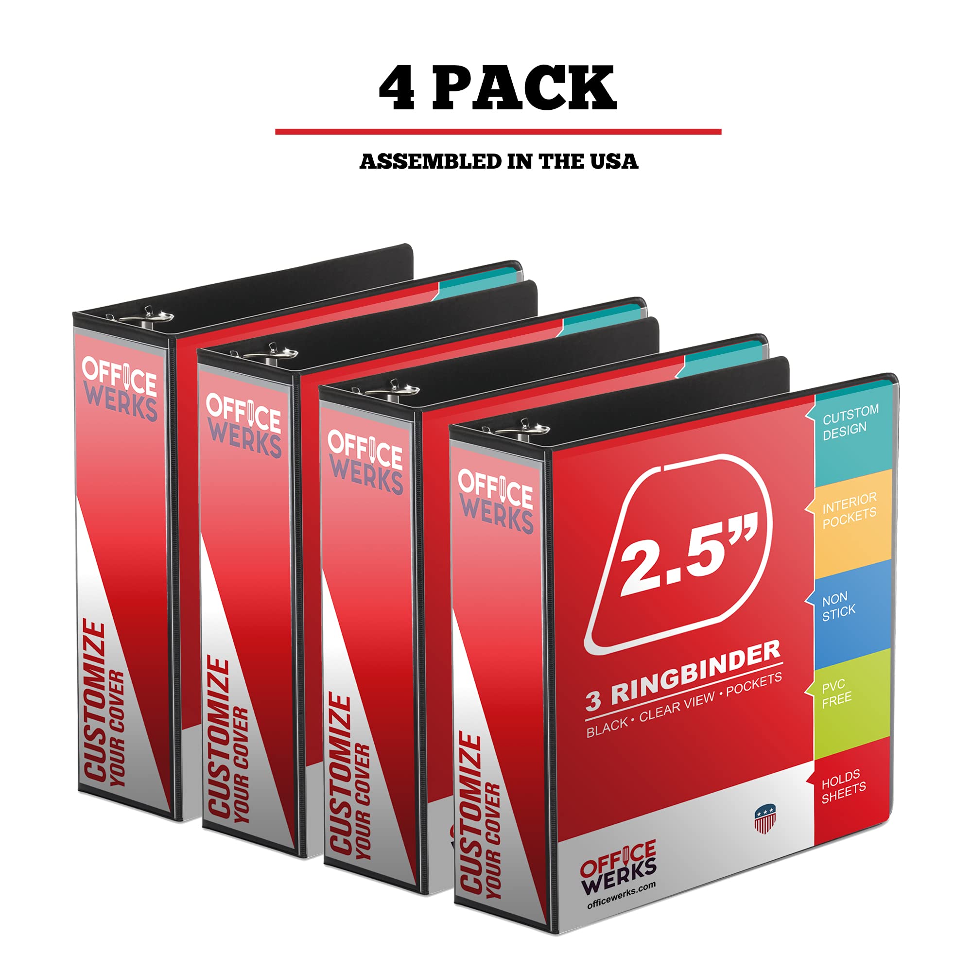 Performore 3 Ring Binder 2.5 Inch - Professional Angle D Presentation Folder with Pockets for 8.5 x 11 Standard Pages - Crystal Clear View Black Binders (4 Pack) - Perfect for Office, School, Business Meetings & Document Organization