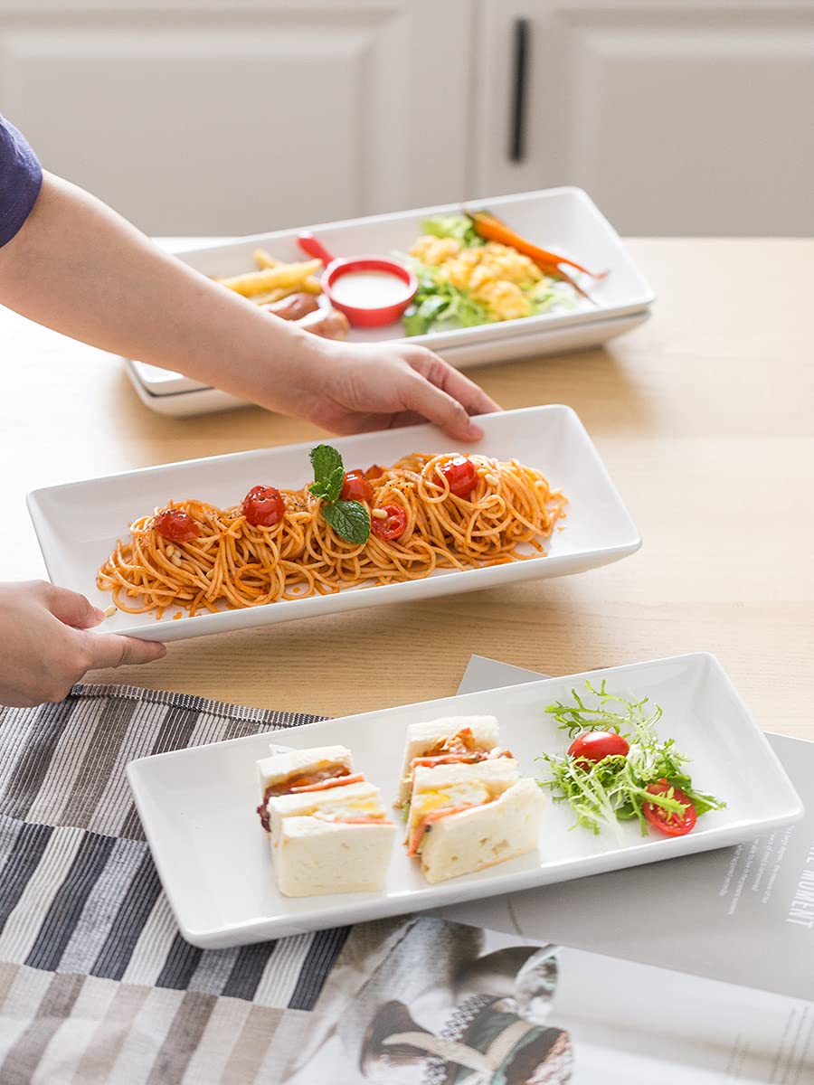 White Porcelain Serving Platters Set of 4 - 14-inch Large Rectangle Trays for Steak, Tacos, Sushi & Appetizers | Christmas Party Entertaining Dishes | Perfect for Holiday Gatherings, Buffet Serving & Home Decor