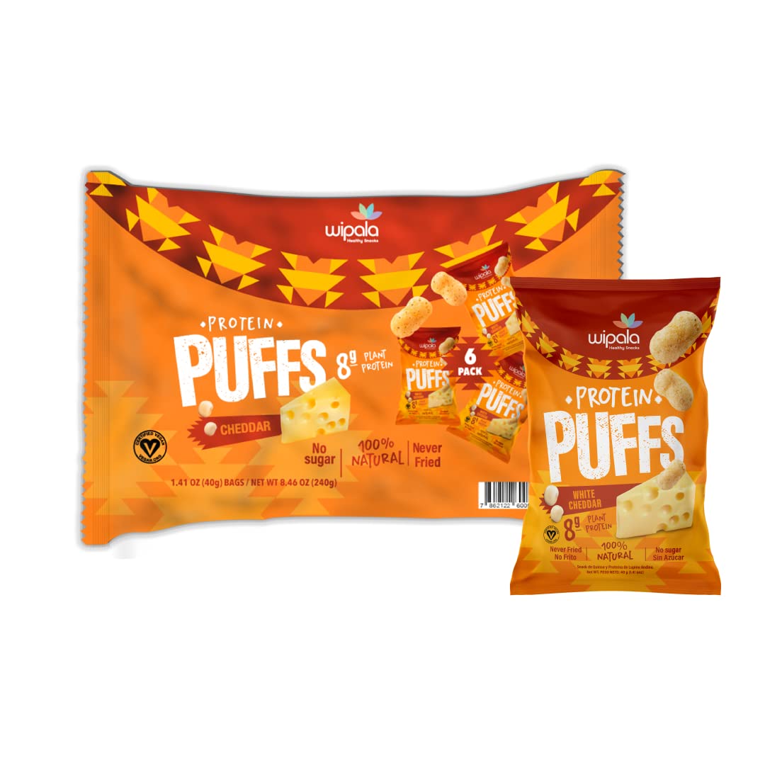 Wipala Vegan Protein Puffs Snacks - 8g Protein per Bag, Non-GMO, Gluten-Free, Cheddar Cheese Flavor (6-Pack) | Healthy On-the-Go Snack for Workouts, Hiking & Office Breaks