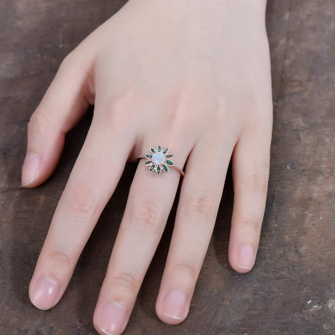 Australian Boulder Opal Flower Emerald Halo Engagement Ring - Nature Inspired Cluster Wedding Ring for Women, Perfect for Proposals, Anniversaries & Special Occasions