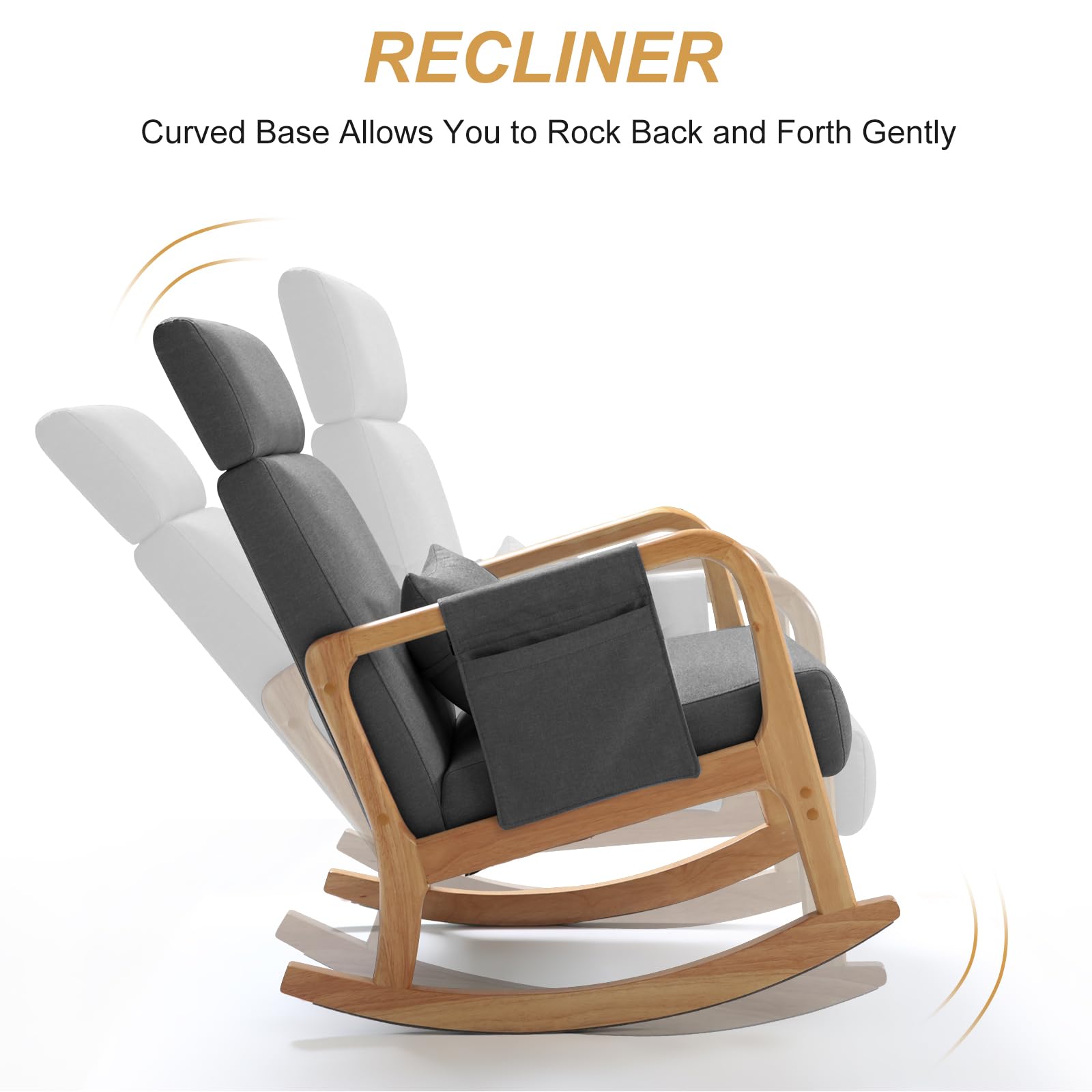 Comfortable Nursery Glider Rocking Chair with Pillow & Side Pocket - High Back Nursing Chair, Solid Wood Rocker Armchair for Bedroom & Living Room (Grey) - Perfect for Breastfeeding, Reading & Relaxing