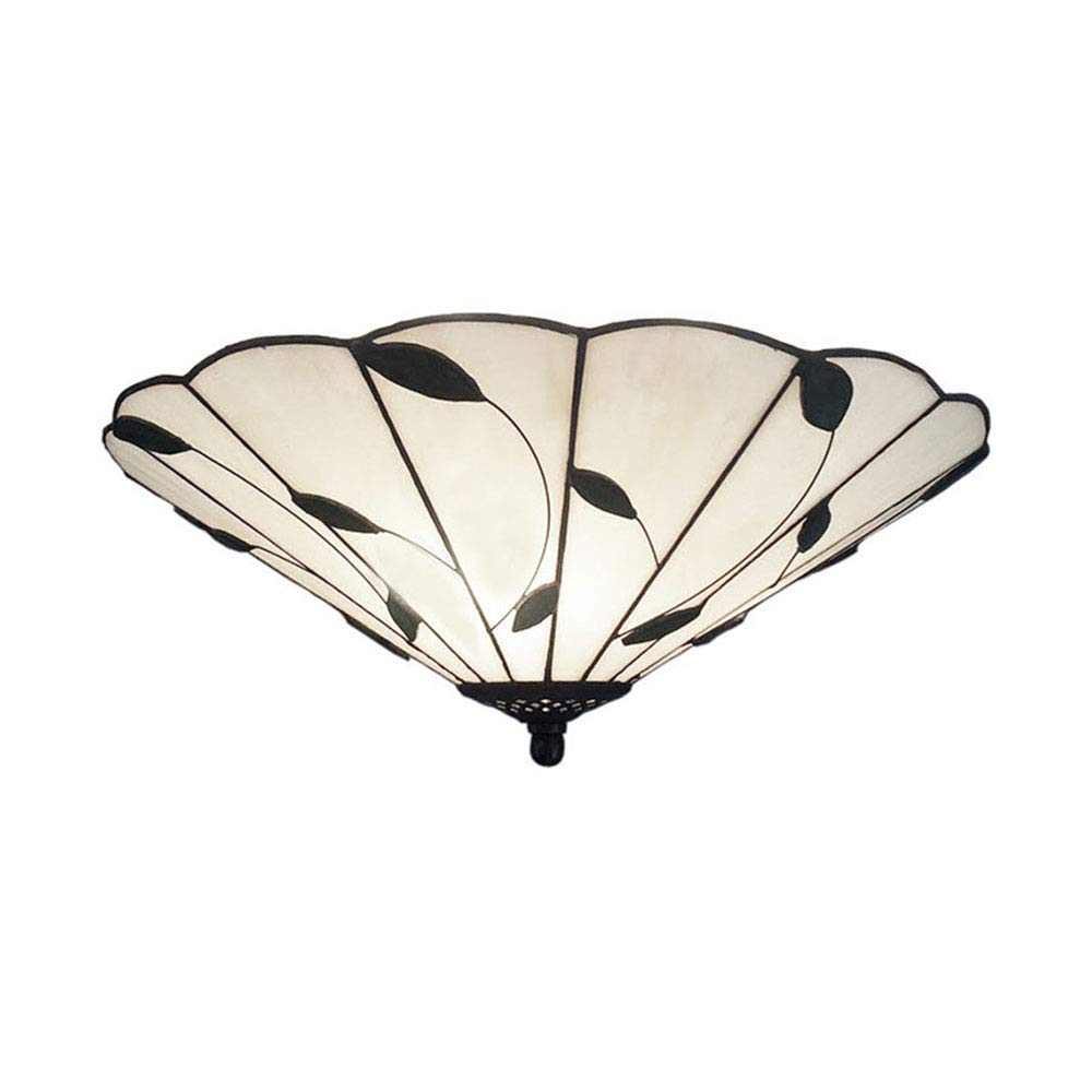 LITFAD 16-Inch Tiffany Style Flush Mount Ceiling Light - White Leaf-Themed Glass Lampshade for Bedroom, Living Room & Dining Room Lighting