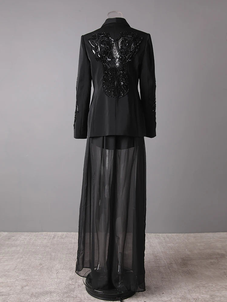 Women's Big Size Sequins Blazer & Mesh Long Pants Two-Piece Suit - Fashionable Lapel Long Sleeve Outfit for Spring/Autumn 2025 (35Z1664) | Perfect for Office Wear, Evening Parties & Special Occasions