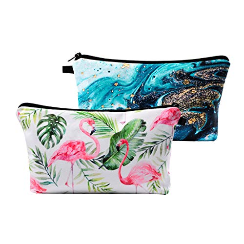 2 Pack Waterproof Cosmetic Bags for Women - Travel Makeup Organizer with Flamingo & Ocean Designs - Perfect for Toiletries, Makeup Storage & Travel Accessories - Great Gift Idea for Her