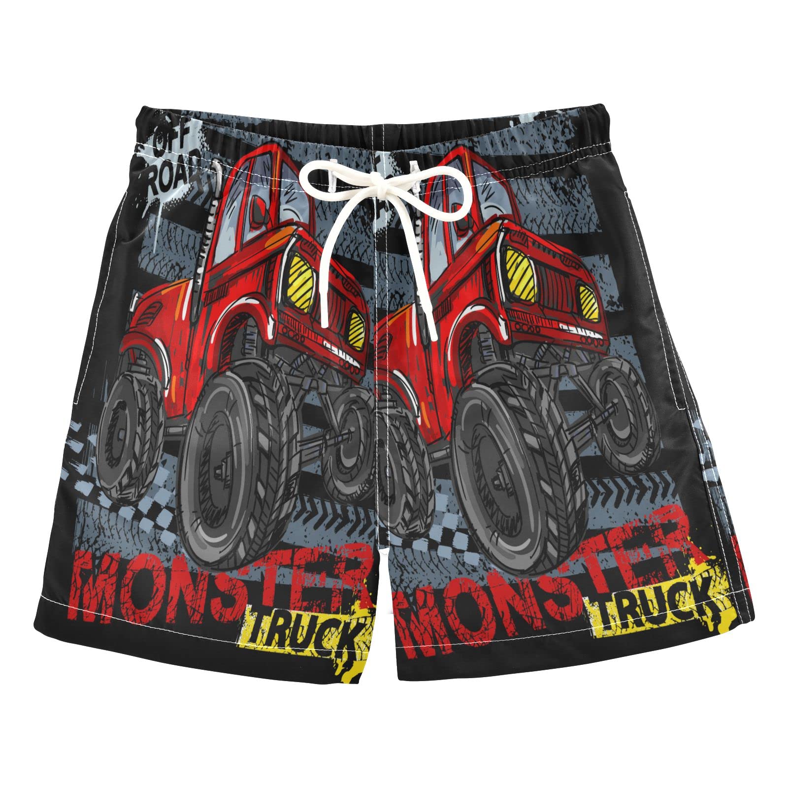 Red Monster Truck Boys Swim Trunks | Toddler Beach Board Shorts | Kids Swimsuit 2T-4T | Pool Party & Summer Water Play