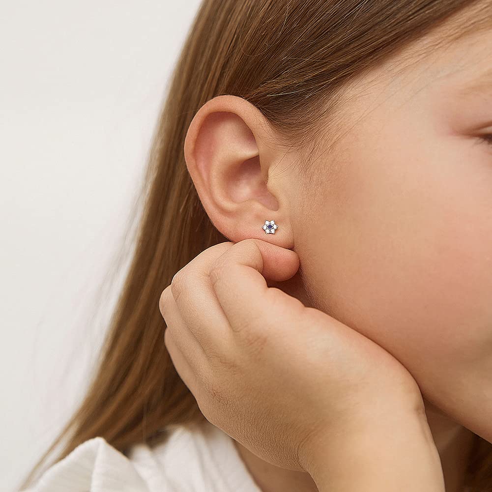 925 Sterling Silver Kids Earrings with 5mm CZ Flower & Secure Screw Backs - Hypoallergenic Floral Stud Earrings for Toddlers & Little Girls | Perfect for Birthdays, First Piercing Gifts & Special Occasions