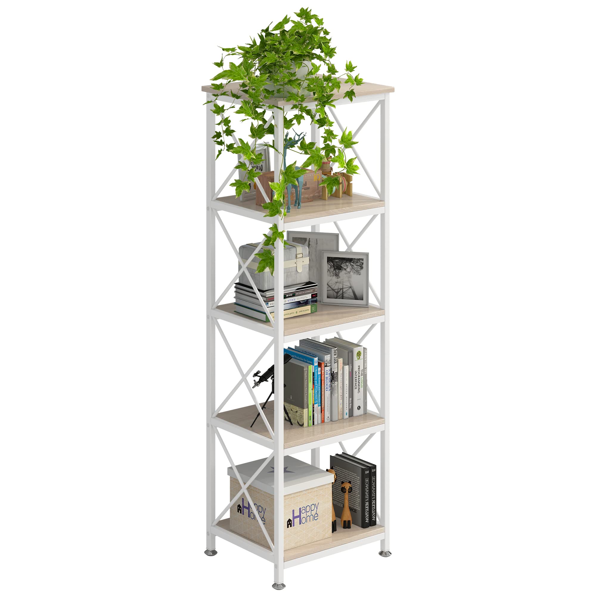 Vintage 5-Tier Adjustable Corner Bookshelf - 16.9x13x50.6 Inches, Natural & White - Space-Saving Storage Shelf for Home Office, Study, Kitchen, Pantry, Closet & Laundry Organization - Perfect for Small Spaces & Room Decor