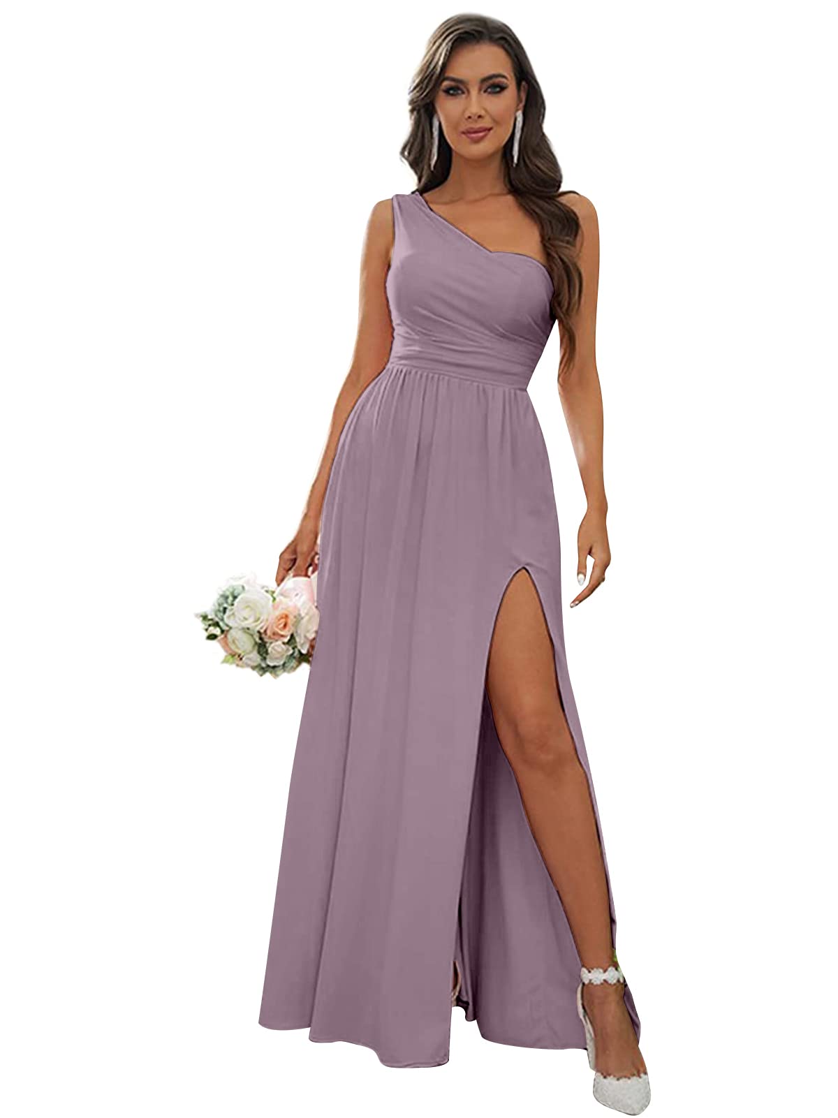 FEOLATE Elegant One Shoulder Long Bridesmaid Dress for Wedding, Formal Evening Party Gown with High Slit - Perfect for Prom, Cocktail Parties & Special Occasions