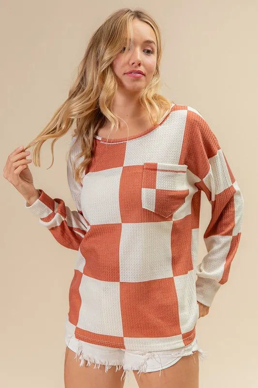 BiBi Checker Printed Hacci Top With Front Pocket - Stylish Women's Casual Knit Sweater for Fall & Winter | Perfect for Office, Date Night & Weekend Outings
