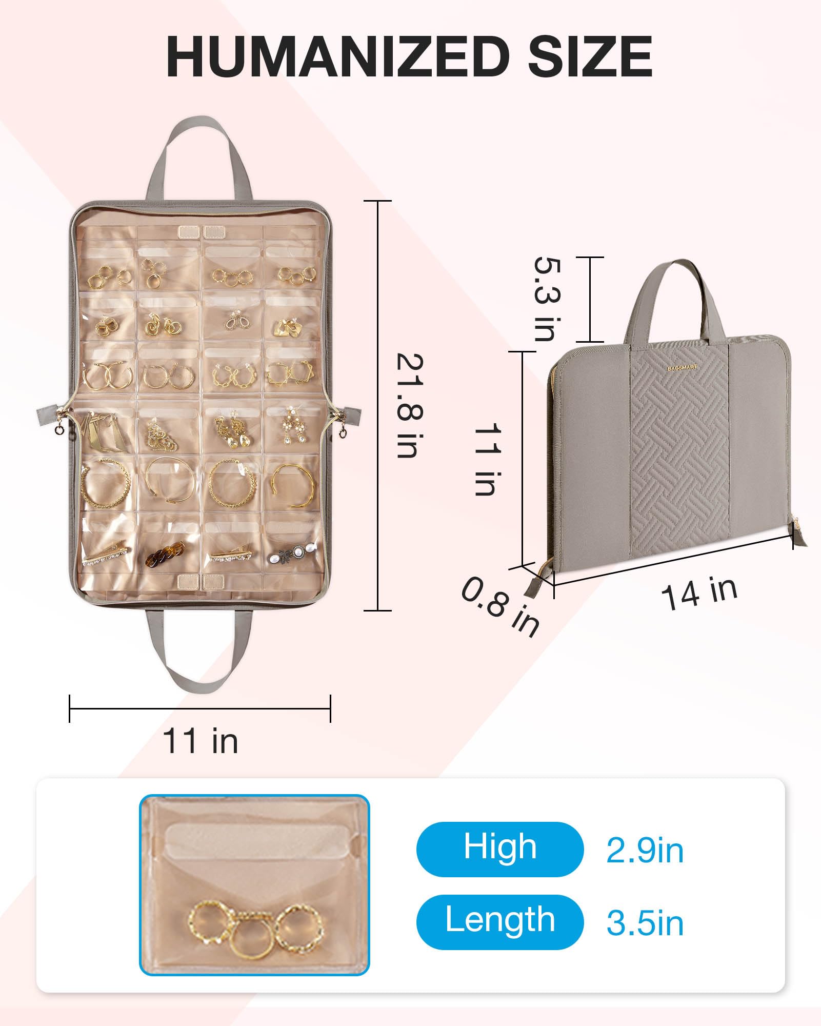 BAGSMART Large Gray Travel Jewelry Organizer Case - Portable Jewelry Roll Bag with Transparent Pockets for Earrings, Rings, Necklaces & Bracelets | Tangle-Free Storage | Foldable Design | Perfect for Travel, Vacation & Daily Organization