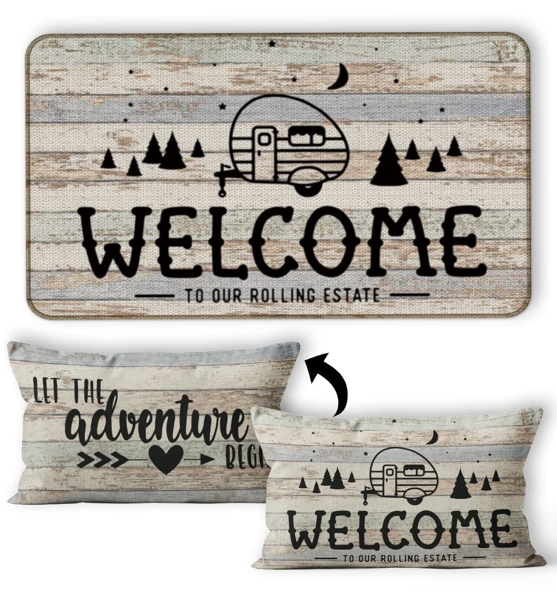 30''x 17'' Camping Doormat & 12''x 20'' Camper Pillow Cover Set - RV Decor & Cozy Camper Gifts for RV Owners | Perfect for RV Interior, Camping Trips & Outdoor Adventures