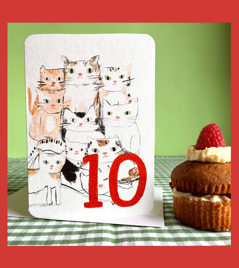 Funny Cat Birthday Card for 10 Year Old Girls - Cute Feline Animal Design by Laura Skilbeck - Perfect for Kids Birthday Parties & Gift Giving